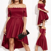 Sexy Off-shoulder Short Sleeve High-low Hem Solid Color Party Dress