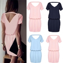 Sexy Backless Short Sleeve Solid Color Dress