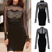 Sexy See-through Gauze Lace Spliced Long Sleeve Bodycon Dress
