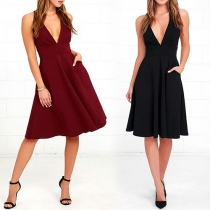 Sexy Deep V-neck Sleeveless High Waist Solid Color Dress
