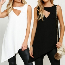 Sexy Hollow Out Sleeveless Round Neck Irregular Hem T-shirt  