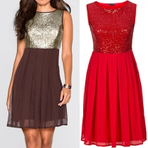 Fashion Sleeveless Round Neck Sequin Spliced Chiffon Dress
