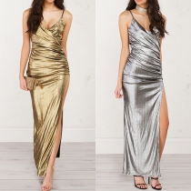 Sexy Backless Deep V-neck Slit Hem Evening Dress