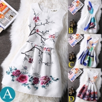 Fashion Sleeveless Round Neck Printed A-line Dress
