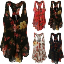 Sexy Backless Irregular Hem Printed Chiffon Tank Tops