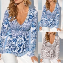 Fashion Long Sleeve V-neck Printed T-shirt