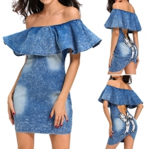 Sexy Backless Off-shoulder Ruffle Bowknot Denim Dress
