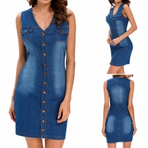 Fashion Sleeveless V-neck Single-breasted Slim Fit Denim Dress