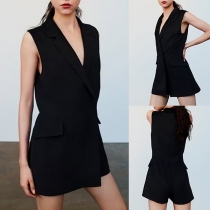 Sexig dubbelknäppt enfärgad tröja med djup v-ringning och rygglös design