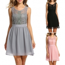 Fashion Lace Spliced Sleeveless Round Neck Chiffon Dress
