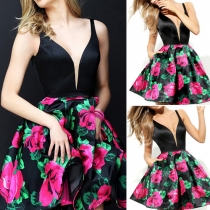Sexy Backless Deep V-neck Sleeveless Printed Party Dress