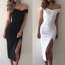 Sexy Off-shoulder Slit Hem Solid Color Slim Fit Party Dress