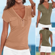 Fashion Solid Color Short Sleeve Lace-up V-neck T-shirt