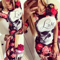 Sexy Off-shoulder Short Sleeve Round Neck Skull Head Printed Dress