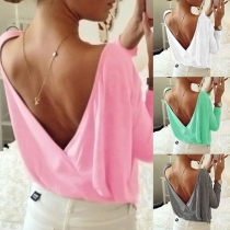 Sexy V-shaped Backless Long Sleeve Solid Color Tops