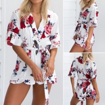 Sexy Deep V-neck Half Sleeve Printed Rompers
