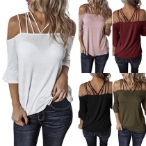 Sexy Off-shoulder Slit Hem Half Sleeve Solid Color Tops