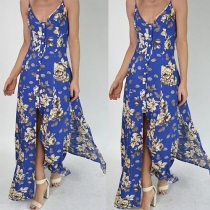 Sexy Backless V-neck Slit Hem Printed Chiffon Maxi Dress