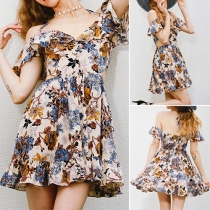 Sexy Backless Off-shoulder Lotus Sleeve Printed Dress