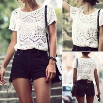 Fashion Solid Color Short Sleeve Round Neck Hollow Out Knit Tops Smock