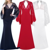 Sexy Backless Deep V-neck Lace Spliced Trumpet Sleeve Floor-length Party Dress