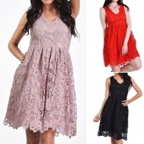 Elegant Solid Color Sleeveless V-neck Lace Dress