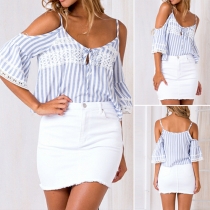 Sexy Off-shoulder Half Sleeve Striped Cami Tops