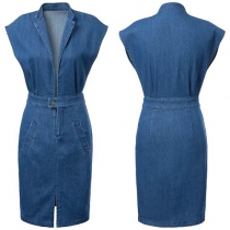 Retro Style Sleeveless V-neck Slim Fit Denim Dress