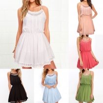 Elegant Solid Color Elastic Waist Lace Spliced Hem Cami Dress