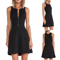 Fashion Solid Color Sleeveless Round Neck Zipper Dress