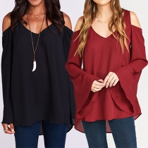 Sexy Off-shoulder Trumpet Sleeve V-neck High-low Hem Chiffon Tops