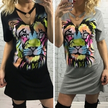 Fashion Lion Printed Short Sleeve V-neck Slim Fit Dress