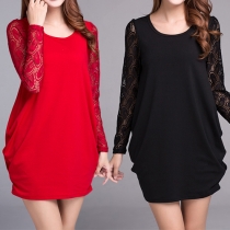 Fashion Lace Spliced Long Sleeve Round Neck Oversized Dress