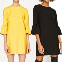 Elegant Solid Color Lotus Sleeve Round Neck Dress