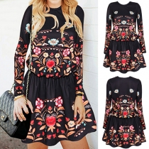 Fashion Long Sleeve Round Neck Elastic Waist Printed Dress