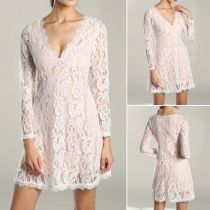 Sexy Deep V-neck Long Sleeve Lace Dress