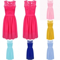 Elegant Solid Color Sleeveless Round Neck Lace Spliced Dress