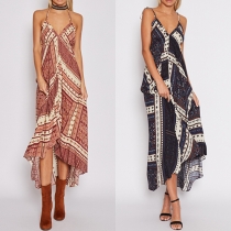 Bohemian Style Backless Deep V-neck Irregular Hem Printed Dress