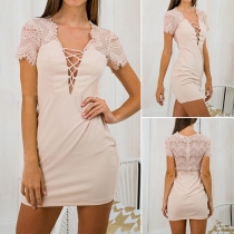 Sexy Deep V-neck Short Sleeve Slim Fit Lace Spliced Dress