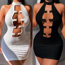 Sexy Backless Hollow Out Solid Color Slim Fit Party Dress