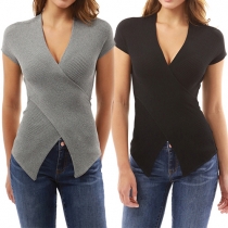 Sexy Deep V-neck Slit Hem Short Sleeve Solid Color T-shirt
