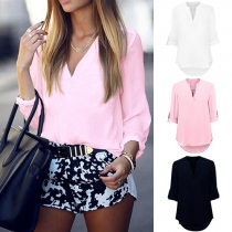 Fashion Solid Color Half Sleeve V-neck High-low Hem Blouse  