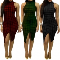 Sexy Sleeveless Mock Neck Slit Hem See-through Plaid Dress