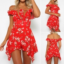 Sexy Off-shoulder V-neck Irregular Hem Printed Dress