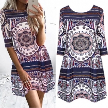 Fashion Half Sleeve Round Neck Printed Dress
