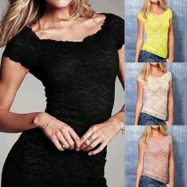 Fashion Short Sleeve Round Neck Slim Fit Lace T-shirt