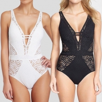 Sexy Deep V-neck Solid Color Hollow Out One-piece Swimsuit