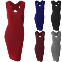 Sexy Crossover Backless Sleeveless Solid Color Bodycon Dress