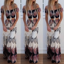 Sexy Off-shoulder Crop Top + High Waist Maxi Skirt Printed Two-piece Set
