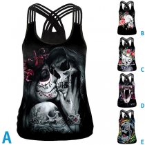 Fashion Skull Head Printed Irregular Hem Sleeveless T-shirt